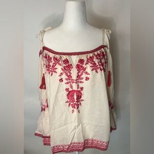 Off the shoulder cream and red embroidered top